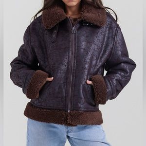 BROWN VEGAN SHEARLING AVIATOR JACKET